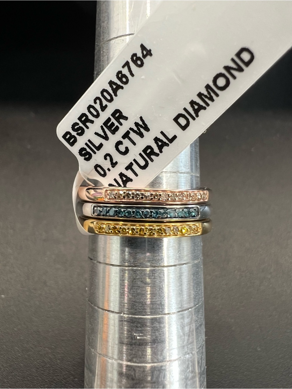 TRI-color .925 Stacking Ring Set with Natural White, Blue, and Yellow Diamonds.